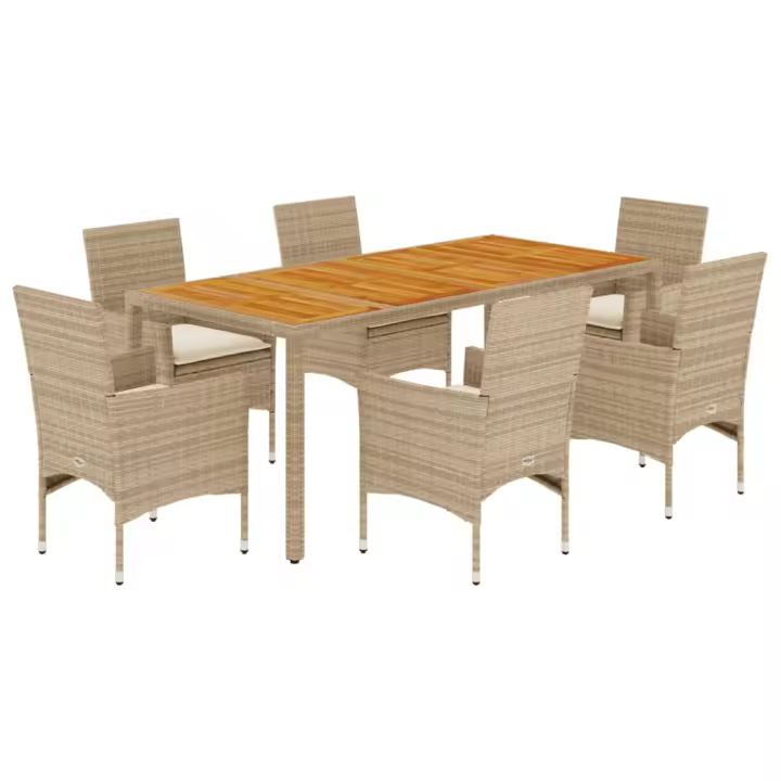 vidaXL Set de comedor jardín 7 pzas con cojines ratán PE acacia beige - 1