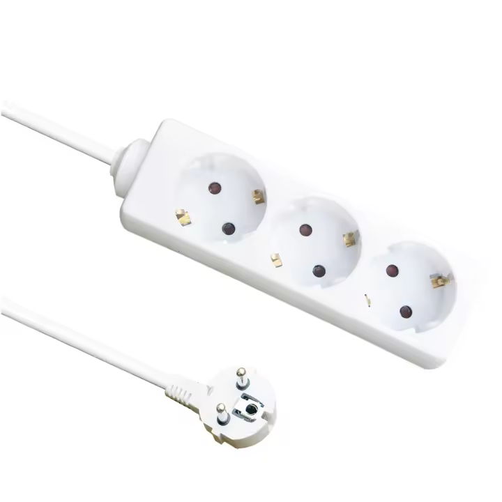 Base múltiple con 3 enchufes en color BLANCO, con 1,5 metros de cable flexible de 3 hilos de cobre x 1,5 mm y protección infantil. Con 3500 watios de potencia máxima y 16 A. Realizado con materiales resistentes como son el polipropileno y el cobre. Pudien - 1