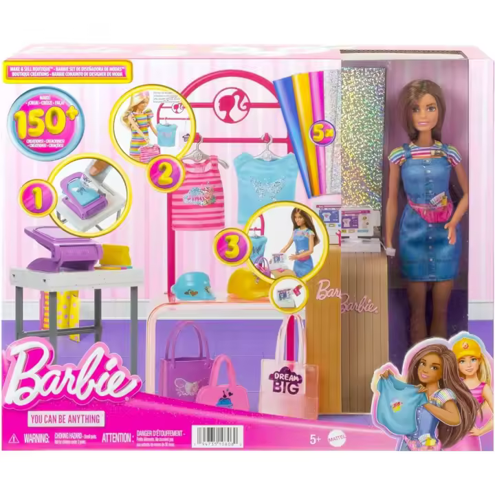 Barbie Boutique Diseña y vende Muñeca morena con tienda de ropa personalizable y accesorios, juguete +3 años (Mattel HKT78) - 1