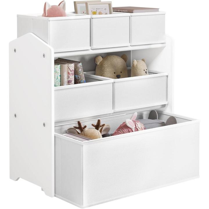 Lestarain Mueble de almacenamiento para habitación infantil de 3 niveles con 6 cajas extraíbles, estantería blanca de MDF con cajas de juguetes de tela no tejida para guardería, escuela, blanco, 63x30x60cm