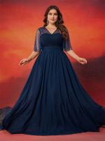 Vestido Largo De Noche Elegante Para Mujer Talla Grande Azul De Chiffon Con Cuello V Y Espalda Abierta Vestido De Boda Y Fiesta De Premio - details 3