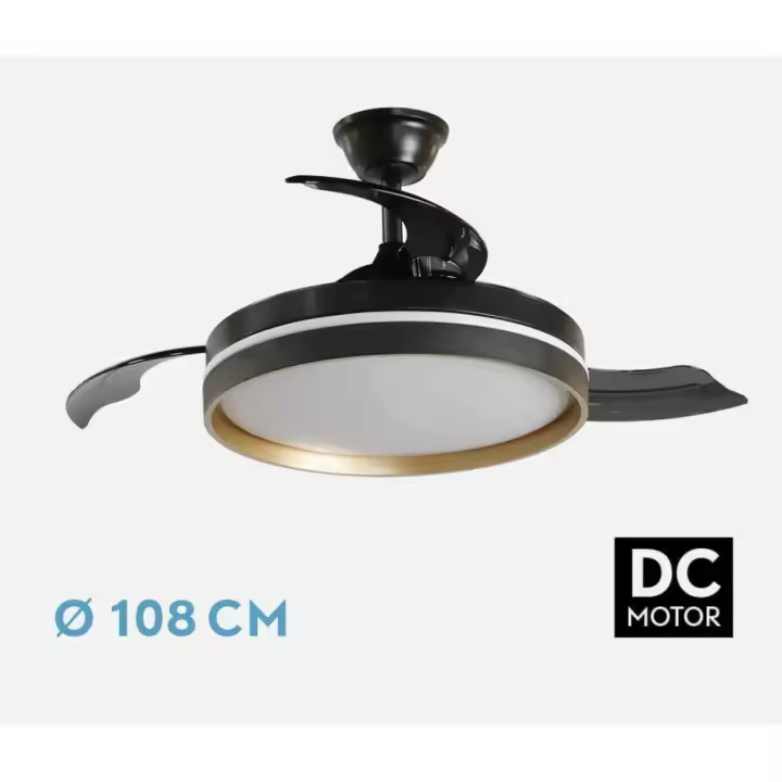 FABRILAMP Ventilador PREMIUM Mandarin 72w 3aspas 48/108D Motor DC Regulable Dimmable intensidad 7200lm 3000-4000-6500k Remoto+memoria+temporizador,6velocidades,Control de aire verano o invierno Incluye 2 tijas y mandos COLOR BLANCO,NEGRO/MADERA Y PLATA - 1