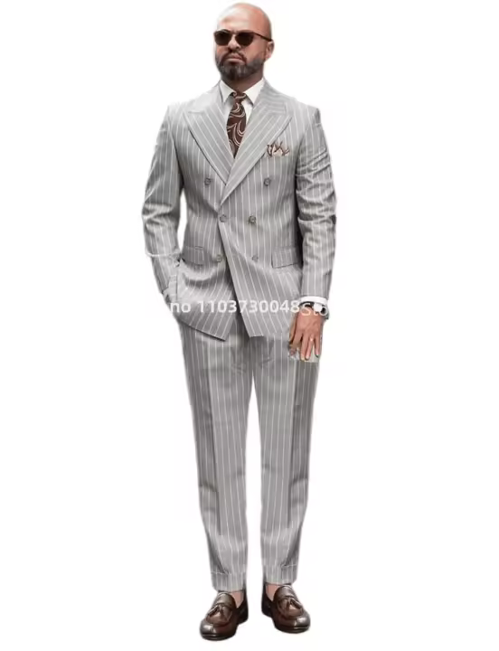 Traje De Boda Formal Gris Claro Para Hombre 2 Piezas Conjunto De Negocios Ajustado Con Rayas Lápels En Punta Para Fiesta Y Prom - 1
