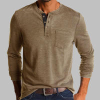 Camiseta De Hombre Elegante De Moda Primavera/Otoño Con Botones Collar Abierto Parcial Solido Con Bolsillo Manga Larga Top Para Comercio - details 7