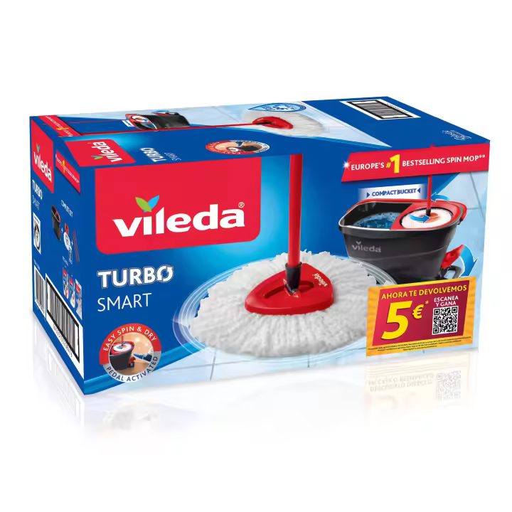 Vileda | Sistema Turbo Smart o Turbo Smart + 2 Recambios Turbo | Set completo de mopa con cubo escurridor antisalpicaduras | Elimina más del 99% de bacterias y virus incluso solo con agua * | Hecho 100% de Microfibra para eliminar cualquier suciedad - 1
