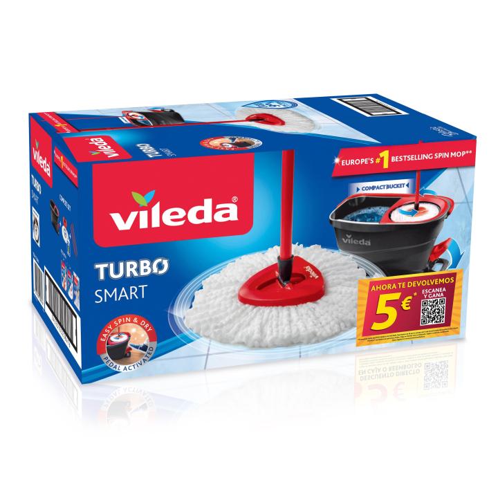 Vileda | Sistema Turbo Smart | Set completo de mopa con cubo escurridor antisalpicaduras | Elimina más del 99% de bacterias y virus incluso solo con agua * | Hecho 100% de Microfibra para eliminar cualquier suciedad.