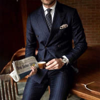Traje Azul Oscuro Con Rayas Para Hombre 2 Piezas Chic Forma Elegante Doble Breasted Chaqueta Y Pantalón Slim Fit Traje De Noche Casual De Alta Calidad - details 2