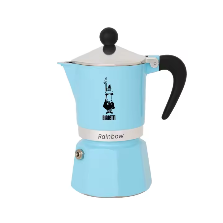 Bialetti Cafetera Clásica Italiana Rainbow - Moka Express, distintos tamaños 1, 3, 6 Tazas de Café - Amarillo, Rojo, Verde y Azul - Cafetera de Aluminio de Alta Calidad - Adecuada para hornillos y placas eléctricas - 1
