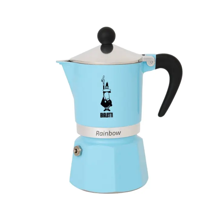 Bialetti Cafetera Clásica Italiana Rainbow - Moka Express, distintos tamaños 1, 3, 6 Tazas de Café - Amarillo, Rojo, Verde y Azul - Cafetera de Aluminio de Alta Calidad - Adecuada para hornillos y placas eléctricas - 1