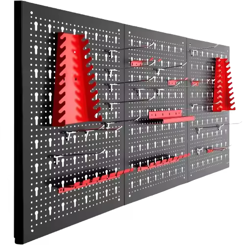 Tectake - Tablero perforado para herramientas con 25 accesorios 120 x 2 x 60 cm | Tres tableros perforados con 25 fijaciones (ganchos y soportes) | Sólida estructura de acero con gran capacidad de carga | Compacto, perfecto para ahorrar espacio - 1