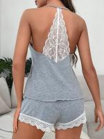 Conjunto De Pijama Para Mujer En Gris Con Tirantes Espagueti Y Shorts Bordado En La Cintura Suave Y Cómodo Para Dormir Y Descansar - details 12
