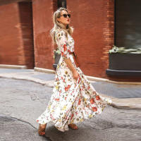 Vestido Elegante De Maxi Estampado Floral Para Mujer A-Línea Cintura Alta Manga Corta Estilo Bohemio Vestido Largo - details 4
