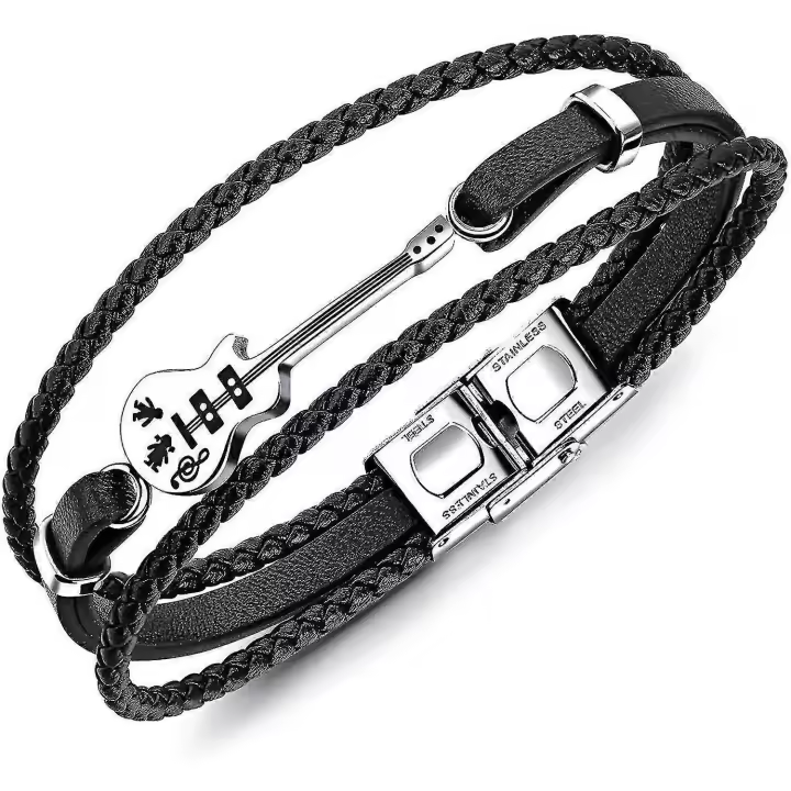 Unisex pulsera de Maple inoxidable con diseño de guitarra de cuero y múltiples Capas Tejida by hand para hombre - 1