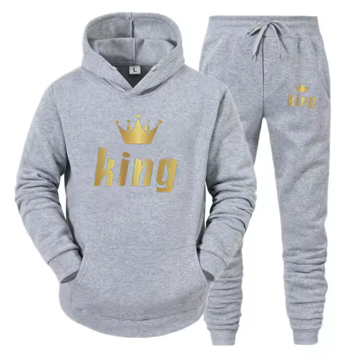 Traje De Dos Piezas Para Pareja Con Capucha Y Mangas Largas Estampado KING Y QUEEN Para Otoño E Invierno Estilo Casual - 1