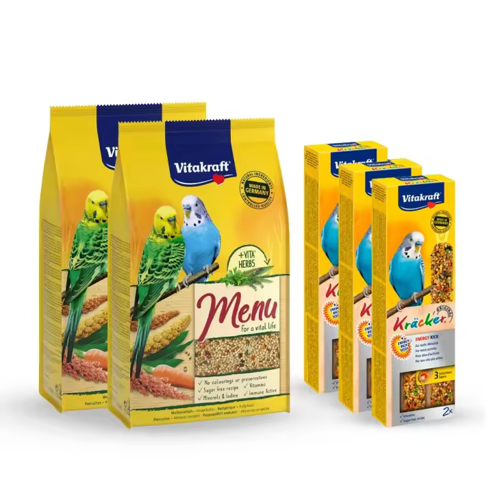 Vitakraft - Pack comida para periquitos (2x) menú completo 1 kg + (x3) Barritas Kräcker energía 60 g - 1