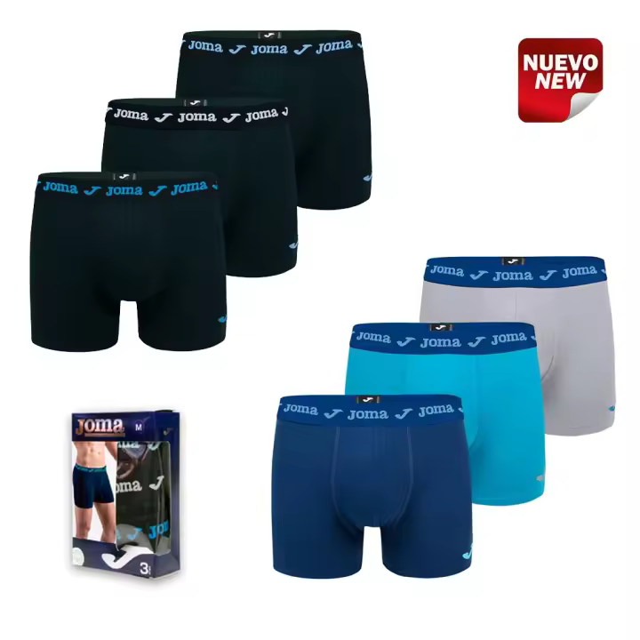 Joma. Pack 3 Bóxers Goma Vista de Joma. JS301002. Pack de 3 bóxer para hombre JOMA. Dos surtidos diferentes. Diseño básico con cintura de goma vista con la marca y logotipo estampado J - 1
