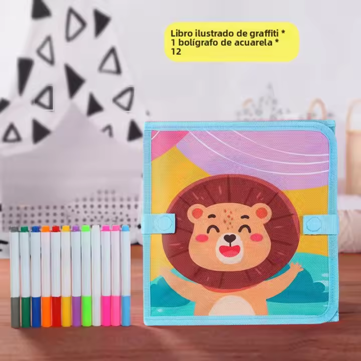 Tablero De Dibujo Plegable Para Niños Con 12 Rotuladores Acuarela Y Tablero De Lápiz Repasable Libro De Dibujo Unisex - 1