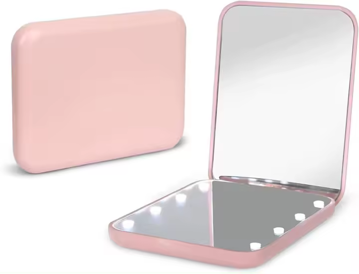 Espejo de bolsillo, espejo de maquillaje compacto de viaje con luz LED y aumento 1X/2X, de doble cara, portátil, plegable, pequeño espejo iluminado para regalo, color negro. - 1