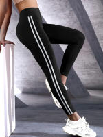Leggings Deportivos De Ajuste Slim Para Mujer Con Rayas Lateral Alto Cintura Cómodos Para Fitness Y Uso Diario Talla Verdadera - details 5