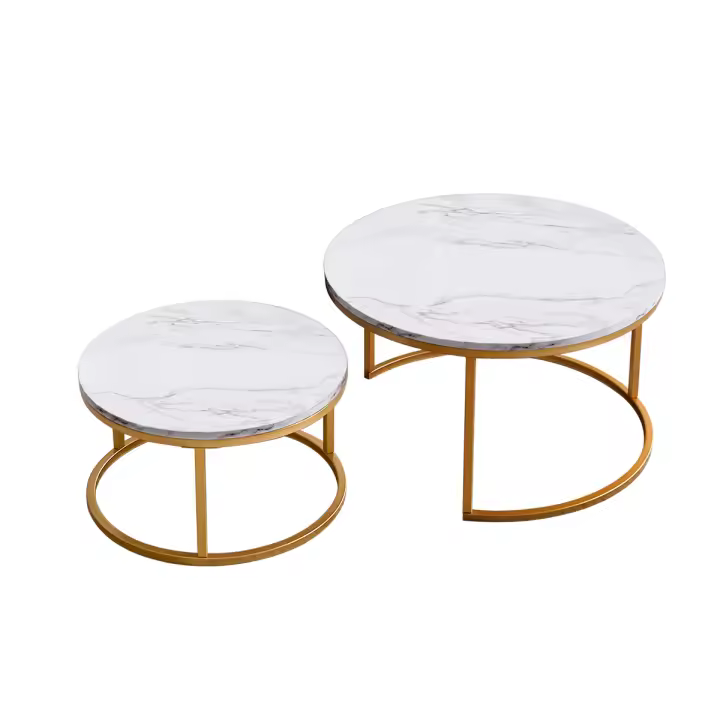Set de 2 Mesas de Centro Nido, Mesa Auxiliar Redonda con Estructura Metálica Dorada y Tapa Efecto Mármol, 80 cm + 60 cm - 1
