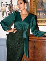 Vestido Elegante De Seda Con Detales De Lámpara Y Cuello En V Para Mujer Vestido De Noche De Fiesta Cocktail Slim Fit Con Manga Larga Y Cierre De Cordón - details 9