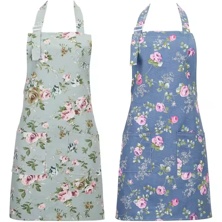 Paquete de 2 delantales de cocina para mujer, delantales florales ajustables, delantal de chef, delantal de cocina con bolsillos grandes - 1