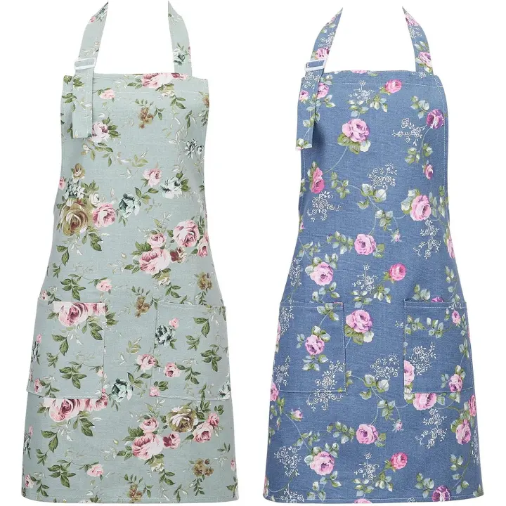 Paquete de 2 delantales de cocina para mujer, delantales florales ajustables, delantal de chef, delantal de cocina con bolsillos grandes - 1