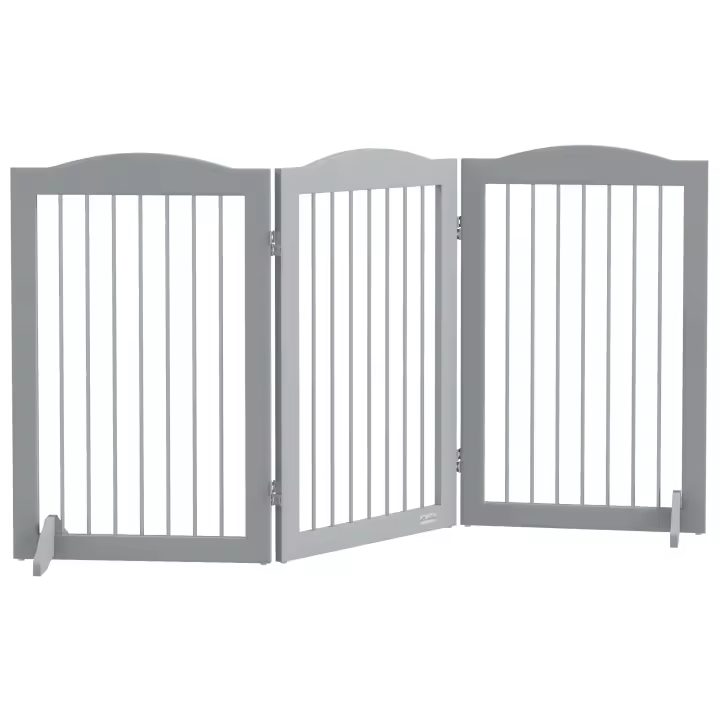 PawHut Barrera de Seguridad para Perros Plegable para Escaleras y Puertas Valla para Perros Pequeños y Medianos de 3 Paneles con Soporte de Pie para Interiores 154x30x80 cm Gris - 1