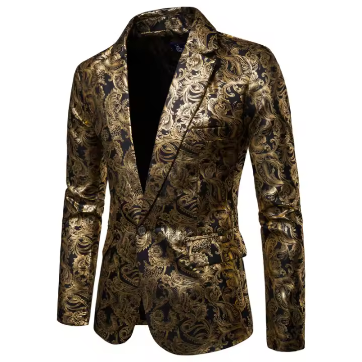 Chaleco Dorado Floral Para Hombre Traje De Negocios Casual Boda Chaqueta De Oro Abrigo Estilo Formal Cierre De Un Solo Botón - 1