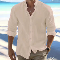 Camisa De Punto De Sarga Y Algodón Para Hombre Estilo Playa De Cuello En Pie Manga Larga Color Sólido Casual Versátil - details 4