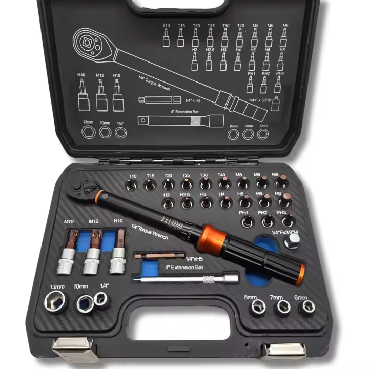 AC Tools Llave Dinamométrica 1/4 2-24 Nm para bicicletas, motocicletas y vehiculos a motor, con certificado de precisión, reversible. Maletín completo con 32 piezas. - 1