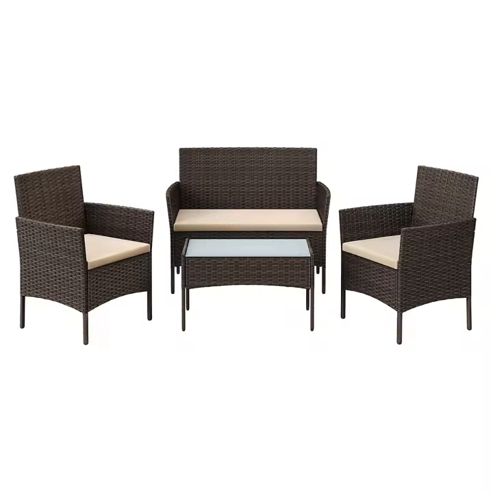 Conjunto de muebles de jardín en ratán, sofá 2 plazas, 2 sillones individuales y una mesa de centro con tapa de vidrio, muebles de patio de mimbre, elegante diseño en marrón y topo - 1