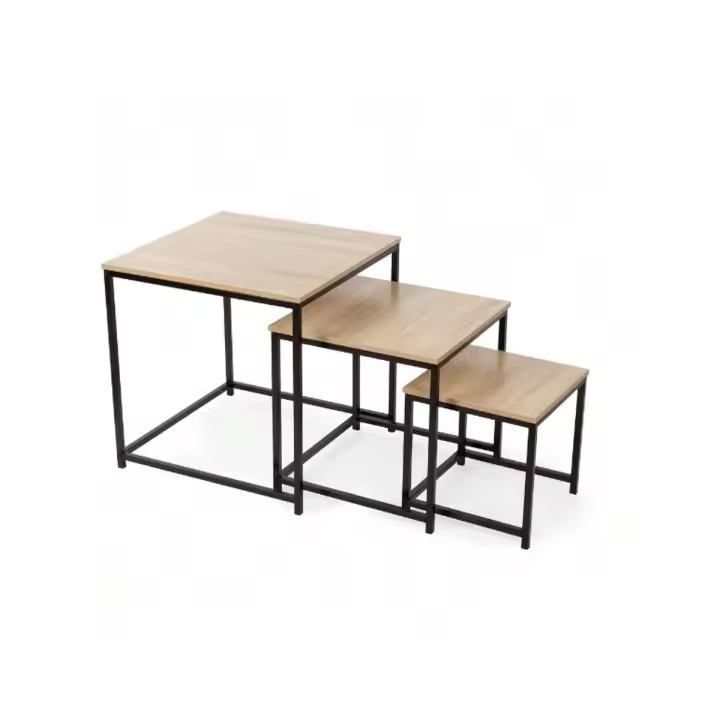 BLOOM STORE-Mesa de Centro set de 3 mesas acero y MDF,mesas auxiliares de centro,Color roble y Negro - 1