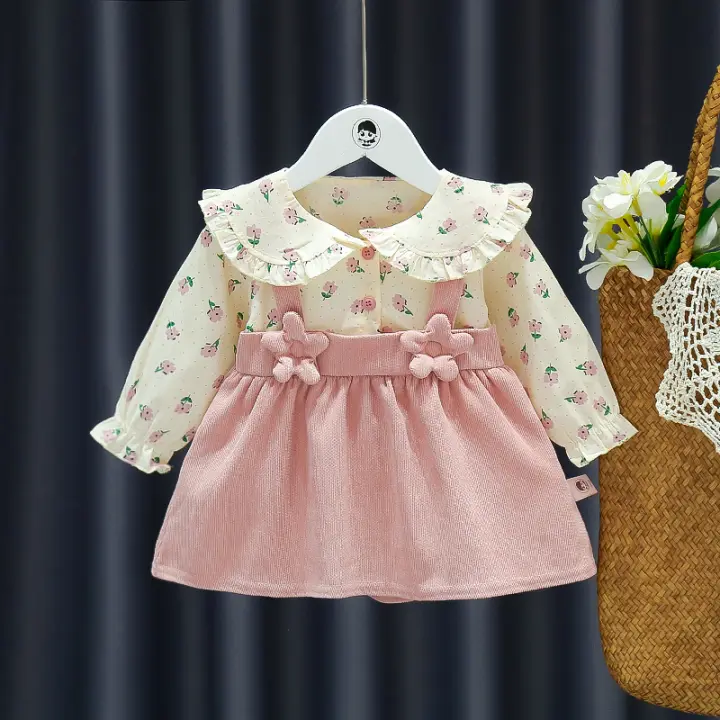 Vestido De Princesa Para Bebés Niñas Con Manga Larga Y Estampado De Flores Vestido De Otoño Para Recién Nacidas Con Faldón Y Tirantes Estilo Casual - 1