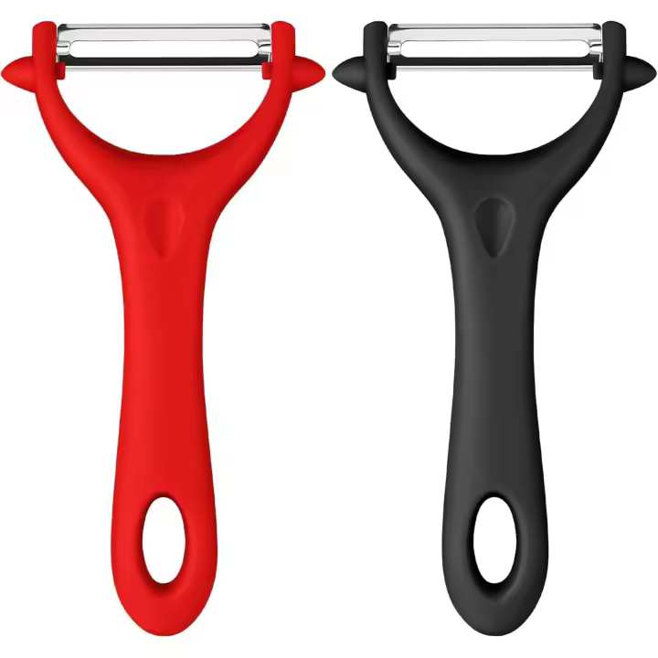 Pelador de frutas y verduras en forma de Y de 2 piezas, pelador con agarre antideslizante, mango ergonómico, hoja afilada, pelador de acero inoxidable (rojo, negro) - 1