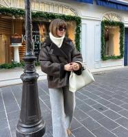 TRAFZA Chaqueta De Moda Invierno Para Mujer Marrón Oscuro Con Bolsillos Y Cuello En V Estilo Retro Elegante Con Botones - details 8