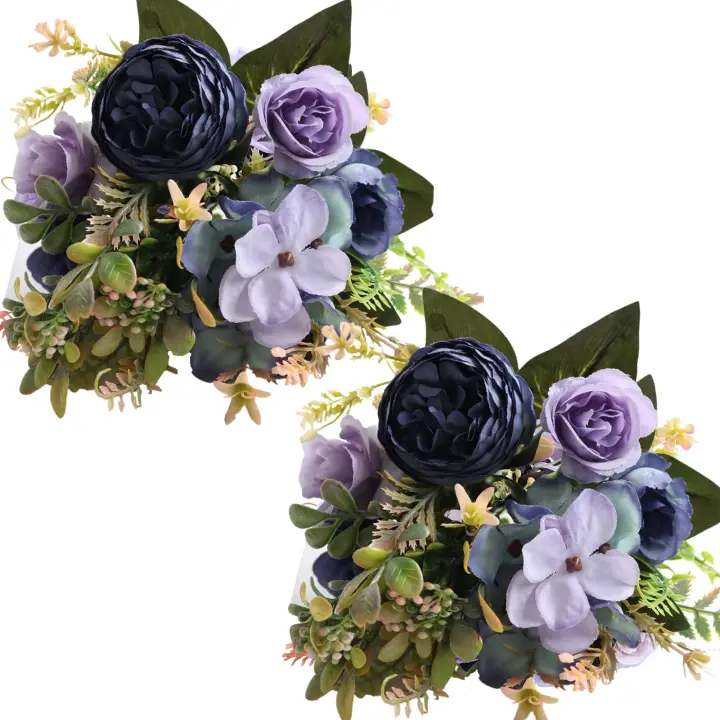 Flores artificiales, 2 piezas de peonías falsas de seda, ramo de flores de hortensia, arreglos florales realistas, ramos de mesa, morado oscuro - 1