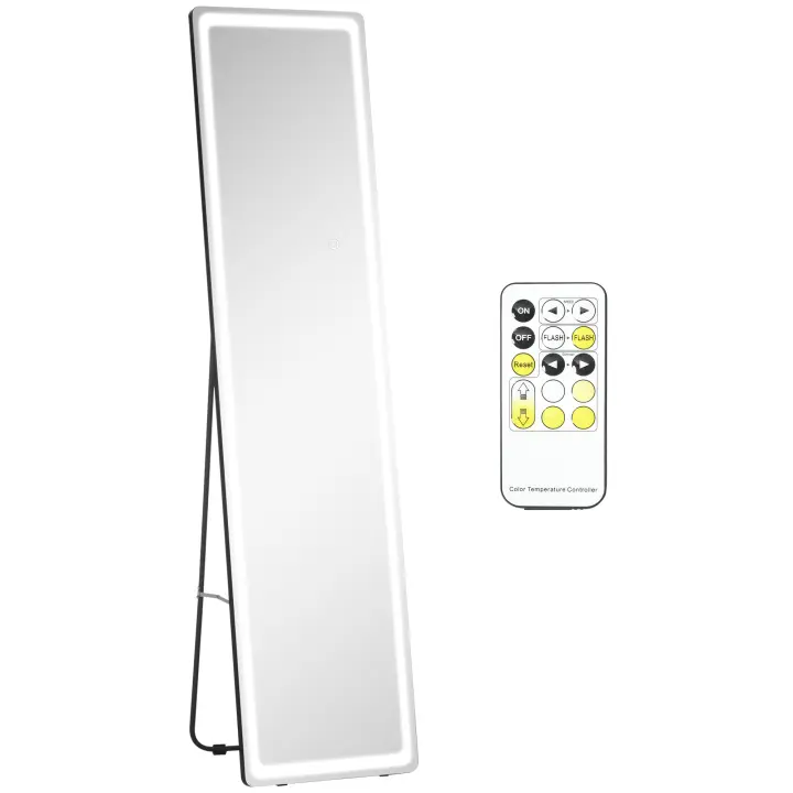 HOMCOM Espejo de Pared de Cuerpo Entero Espejo de Pie de Suelo con Luces LED Mando a Distancia 3 Colores de Luz Ajustable Brillo Ajustable y Marco de Aluminio 40x37x157,5 cm Plata y Negro - 1