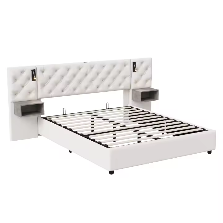 Cama Tapizada 140x200 cm y 160x200 cm en Terciopelo Beige Crema, Cama Doble con Cabecero Capitoné, Luces de Lectura, Puertos USB y Type-C, Mesitas Integradas y Somier de Láminas - 1
