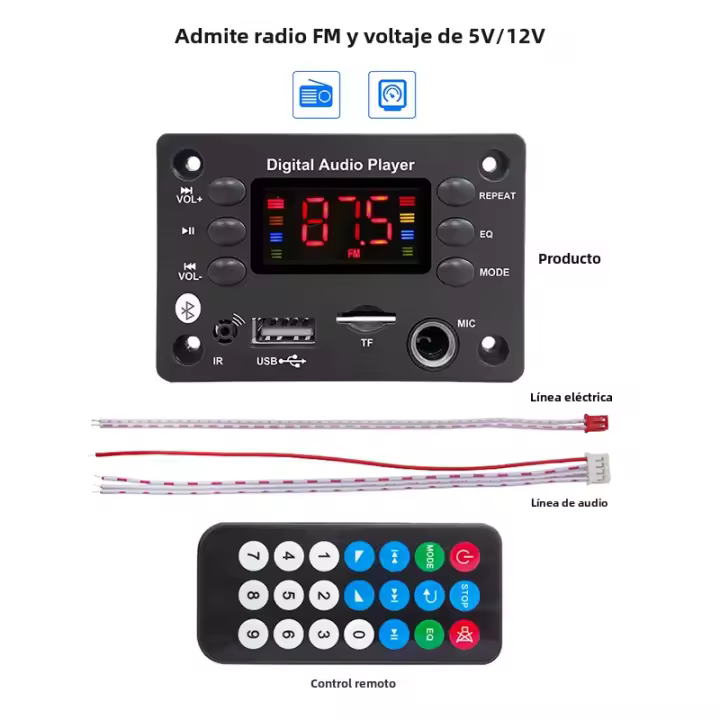 Tarjeta Decodificadora Bluetooth 5.0 Para MP3 WMA WAV APE En Coche Con Micrófono USB TF FM Radio Speaker DC 5V 12V Hands-free - 1