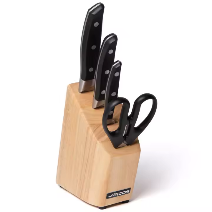 Bloque de Cuchillos (3 Cuchillos + 1 Tijeras) - Hoja de Acero Inoxidable Forjado Nitrum® - Mango de Polioximetileno (POM) Negro - Bloque de Madera Color Natural - 1