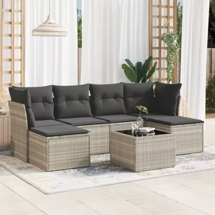 vidaXL Set de sofás de jardín 7 pzas con cojines ratán PE gris claro - 1