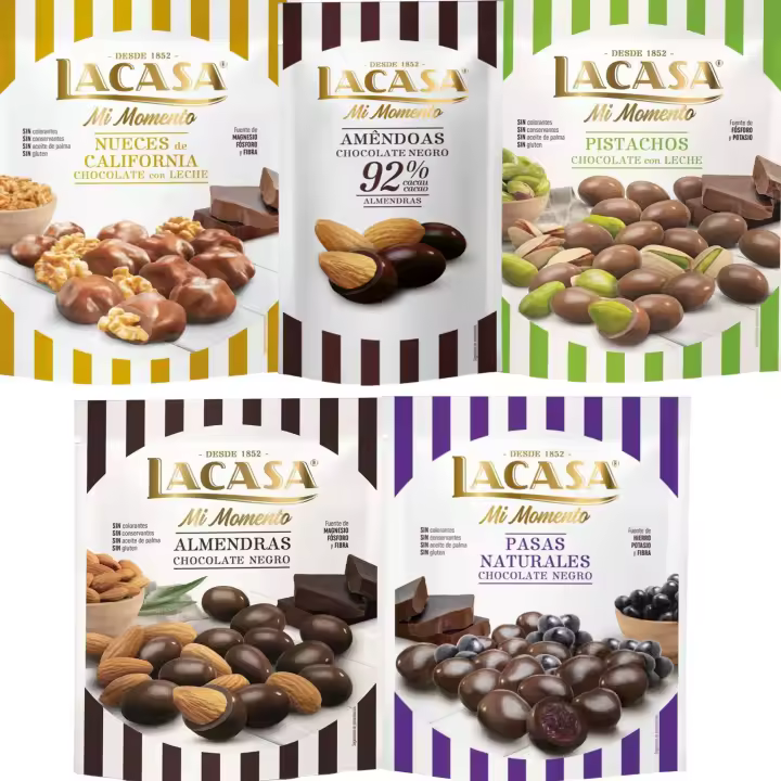 Lacasa Mi Momento pack de 5:Almendra 92% 65G,Nueces Leche 115G,Pasas choco Negro 150G,Almendra choco Negro 125G,Pistacho Leche 100G - 1