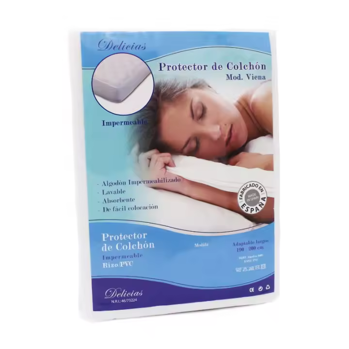 Protector de Colchón Impermeable Rizo, 100% Algodón, Modelo Viena, Color Blanco, Delicias - 1