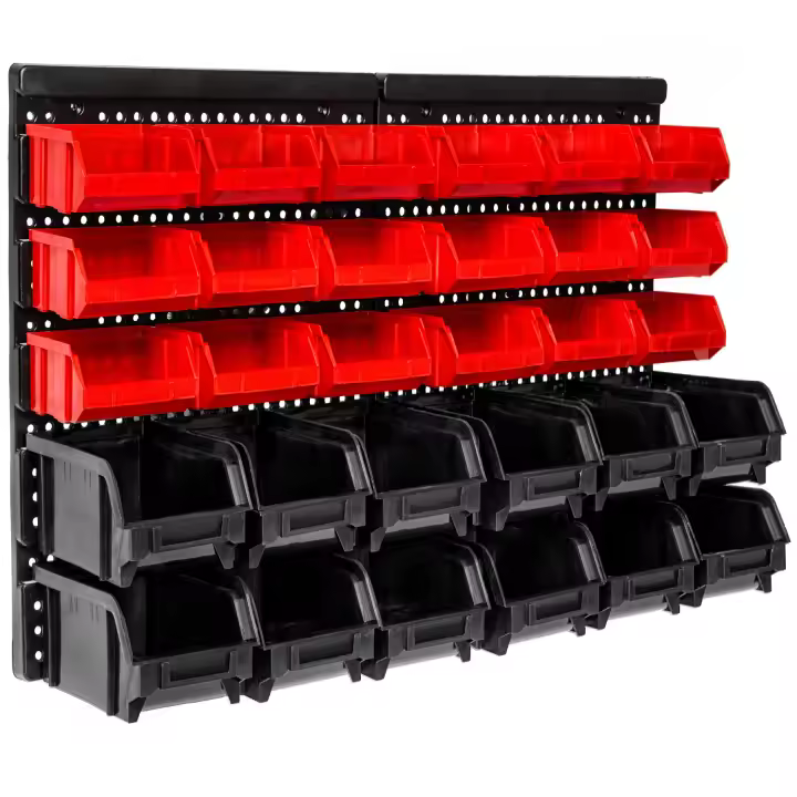 Tectake - Paneles de pared con 30 cajas para tornillería pequeña, 18 cajas apilables medianas (rojas), 12 cajas apilables grandes (negras) , Panel de pared resistente para montar los estantes de pequeñas piezas - 1