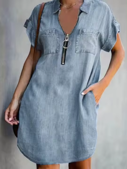 Vestido De Verano Para Mujer Estilo Casual Cuello En V Manga Corta Cierre De Cremallera Digital Imitación Denim Mini Falda Antebrazo - 1