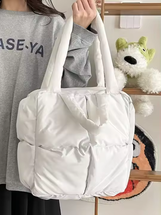Bolso De Hombro Retro Para Mujer Con Cuadros Y Cierre De Cremallera Bolso De Mano Suave De Color Sólido Con Padded Tote Handbags Rosa - 1