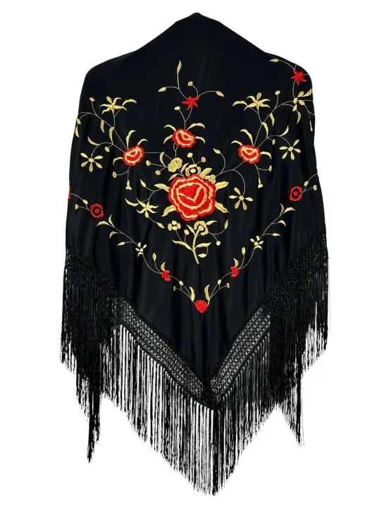 Mantón de manila de pico negro con bordado rojo y oro (160cm x80cm sin fleco) - 1