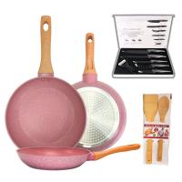 Set de 3 Sartenes 20/24/28cm Color Rosa con Revestimiento Antiadherente a la Piedra . Incluye set de cuchillos y set de utensilios de bambu - details 1