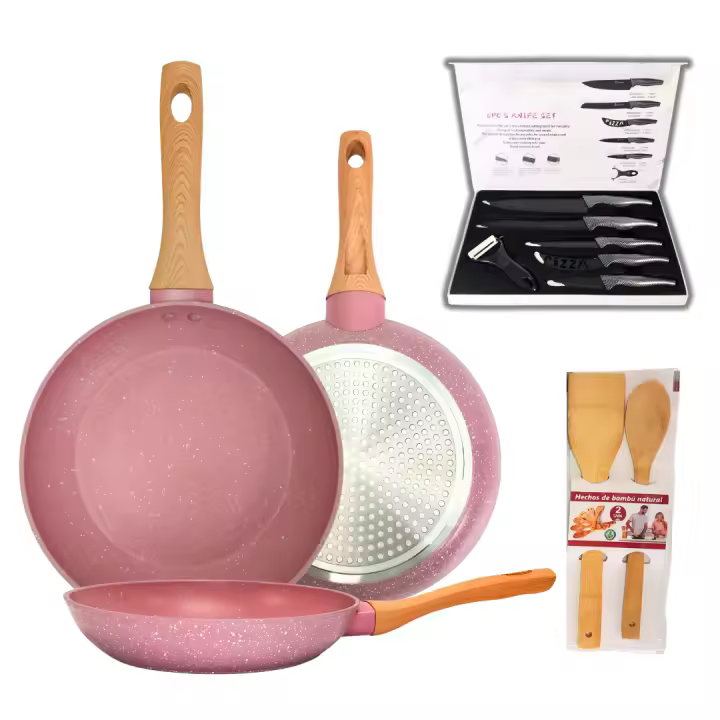 Set de 3 Sartenes 20/24/28cm Color Rosa con Revestimiento Antiadherente a la Piedra . Incluye set de cuchillos y set de utensilios de bambu - 1